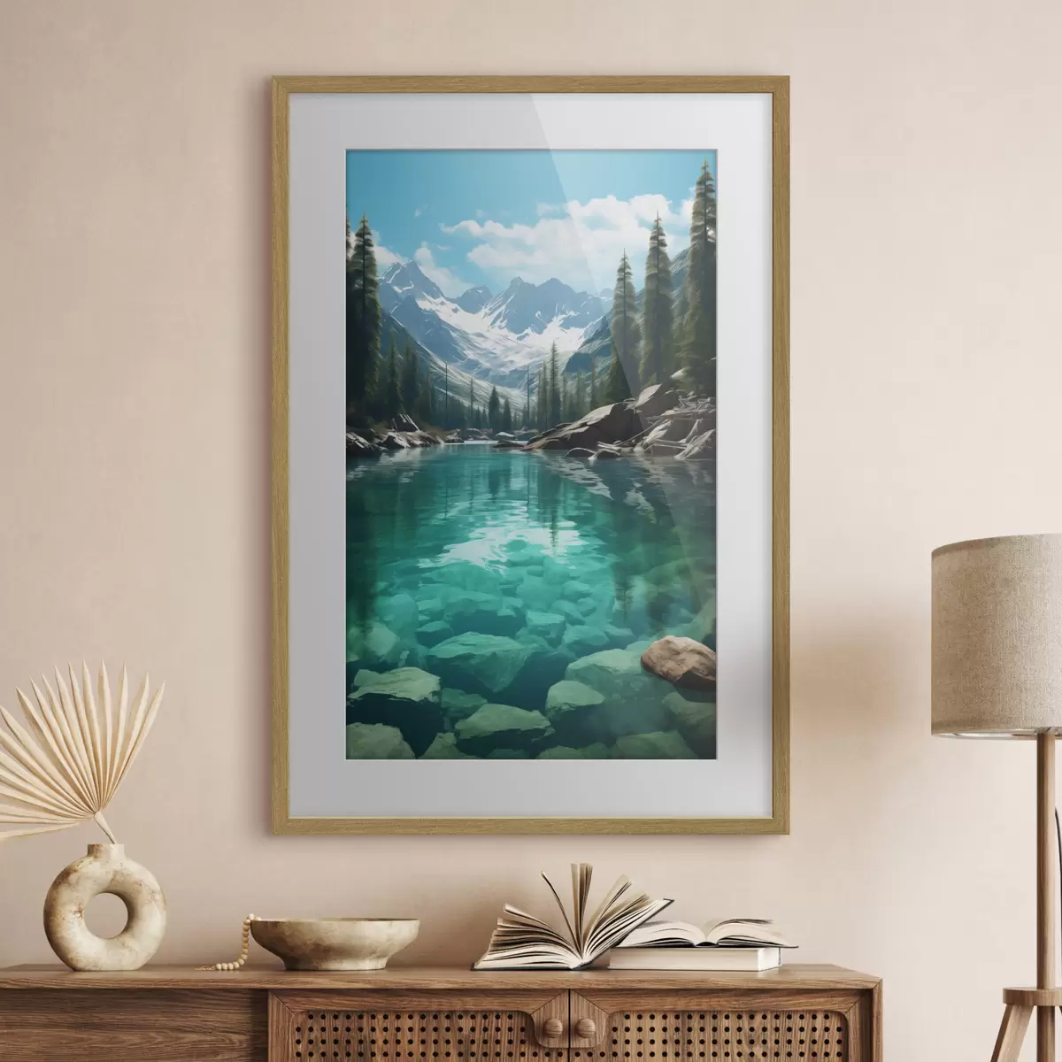 Poster Klarer Gebirgsfluss mit felsigem Bett und schneebedeckten Gipfeln f46514