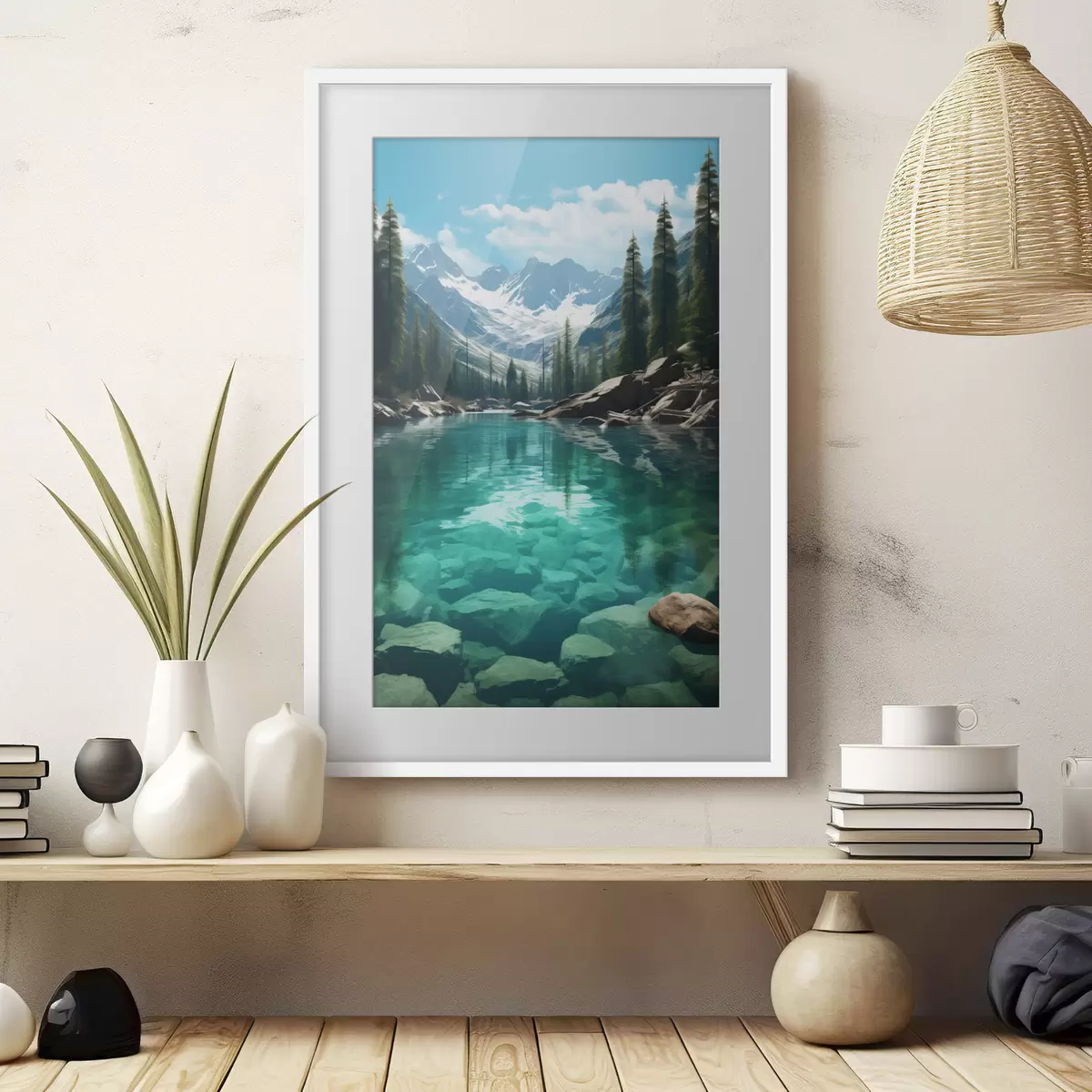 Poster Klarer Gebirgsfluss mit felsigem Bett und schneebedeckten Gipfeln f46514