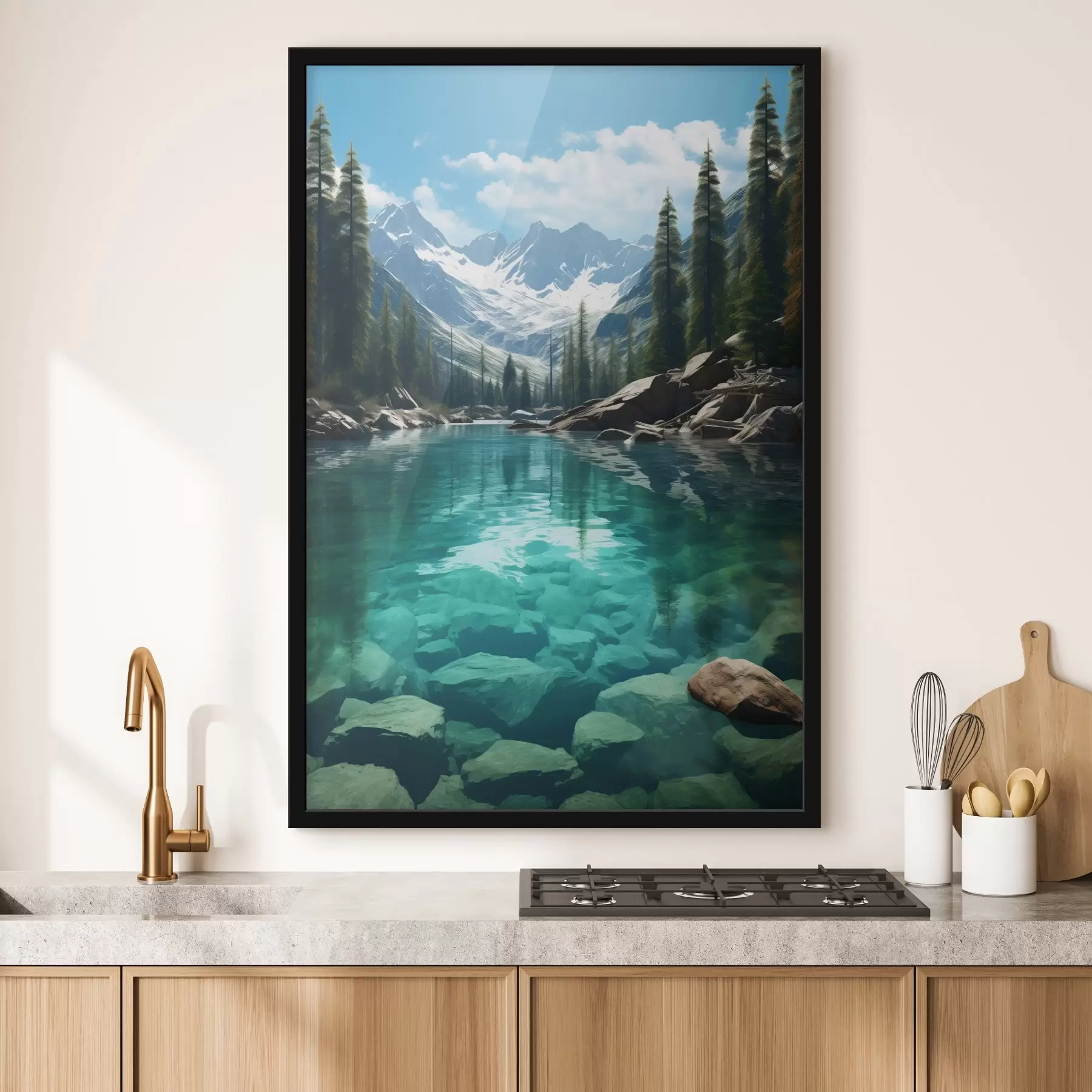 Fototapete Klarer Gebirgsfluss mit felsigem Bett und schneebedeckten Gipfeln f46514