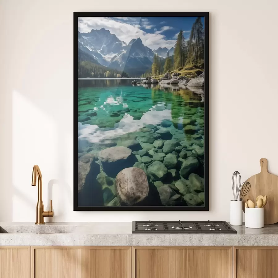 Fototapete Smaragdgrüner Alpensee mit Felsen darunter und hoch aufragenden Gipfeln f46515