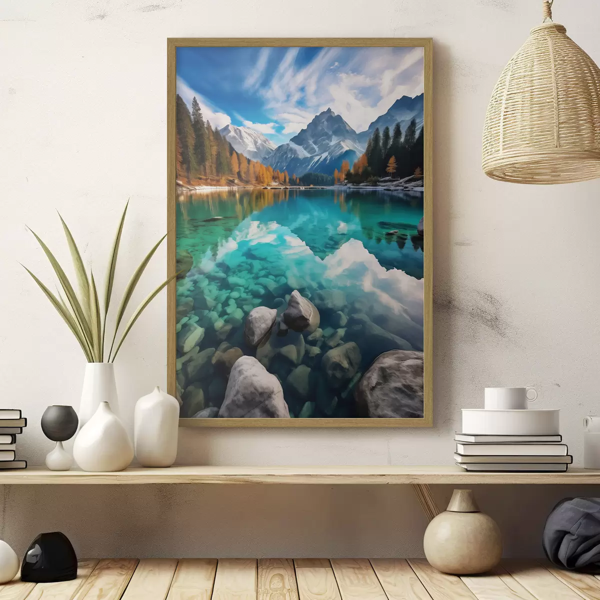 Poster Bergsee mit türkisfarbenem Wasser und herbstlichen Lärchen f46517