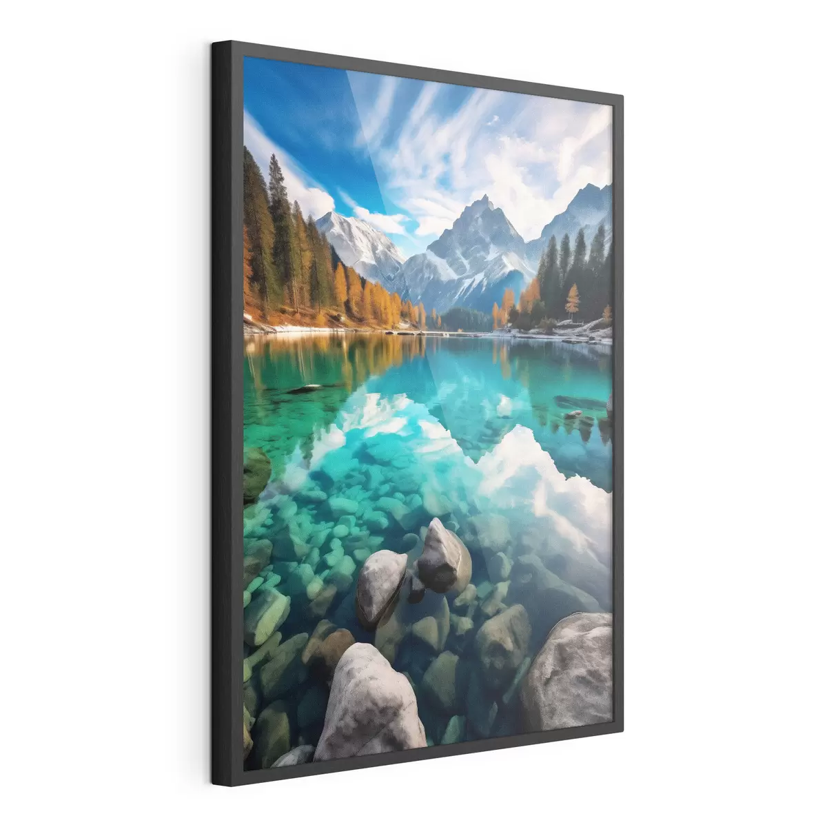 Poster Bergsee mit türkisfarbenem Wasser und herbstlichen Lärchen f46517