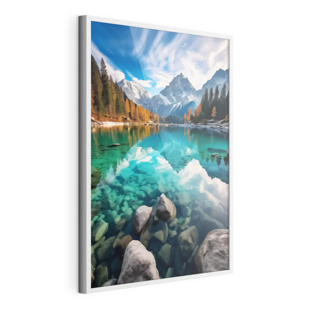 Poster Bergsee mit türkisfarbenem Wasser und herbstlichen Lärchen f46517
