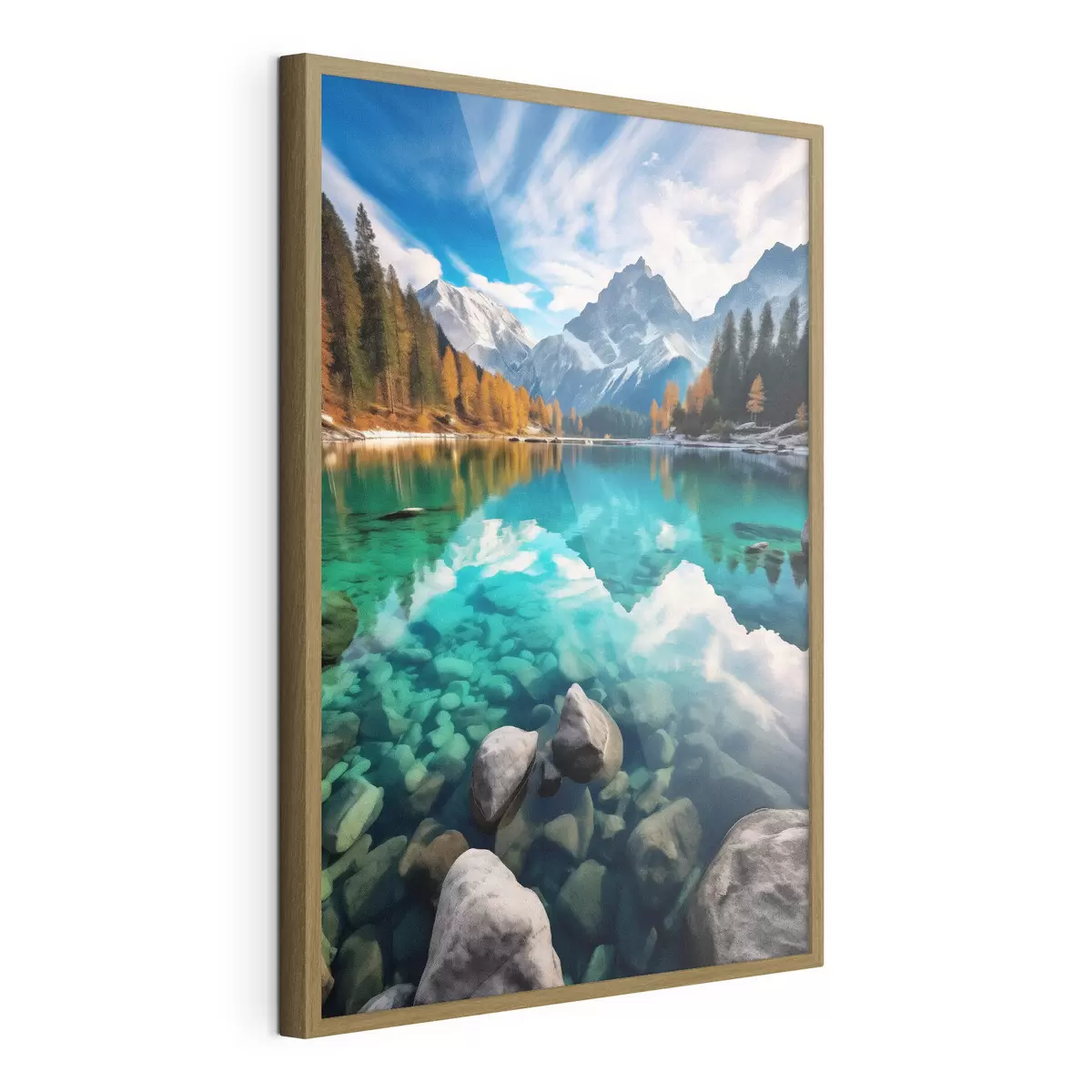 Poster Bergsee mit türkisfarbenem Wasser und herbstlichen Lärchen f46517