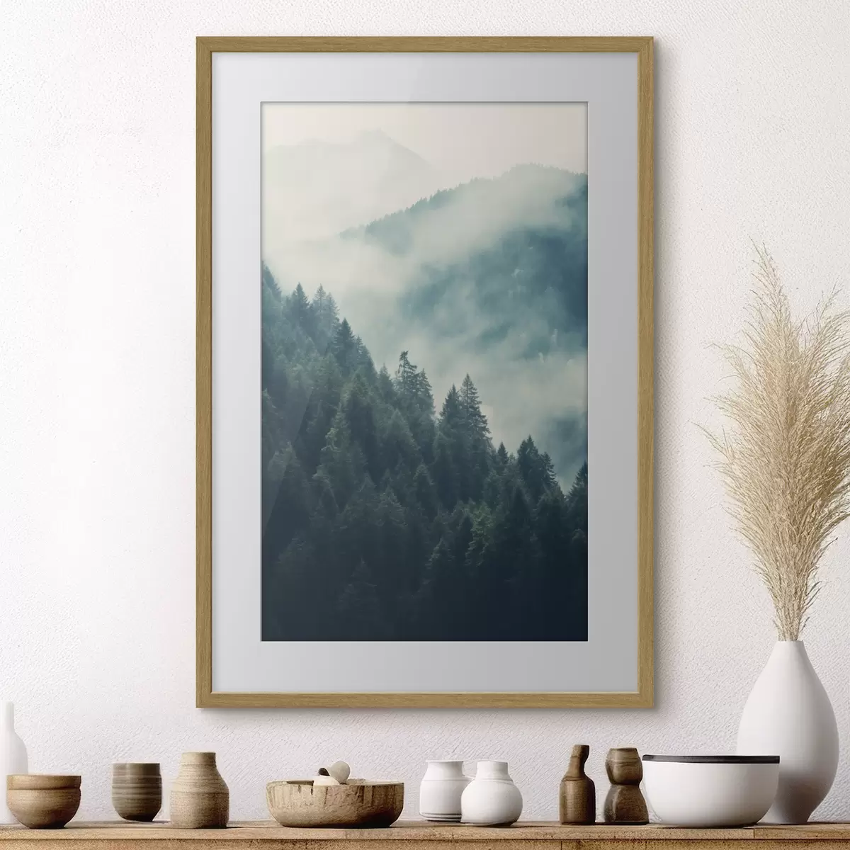 Poster Nebelverhangene Bergkämme und dunkle Nadelwälder f46518
