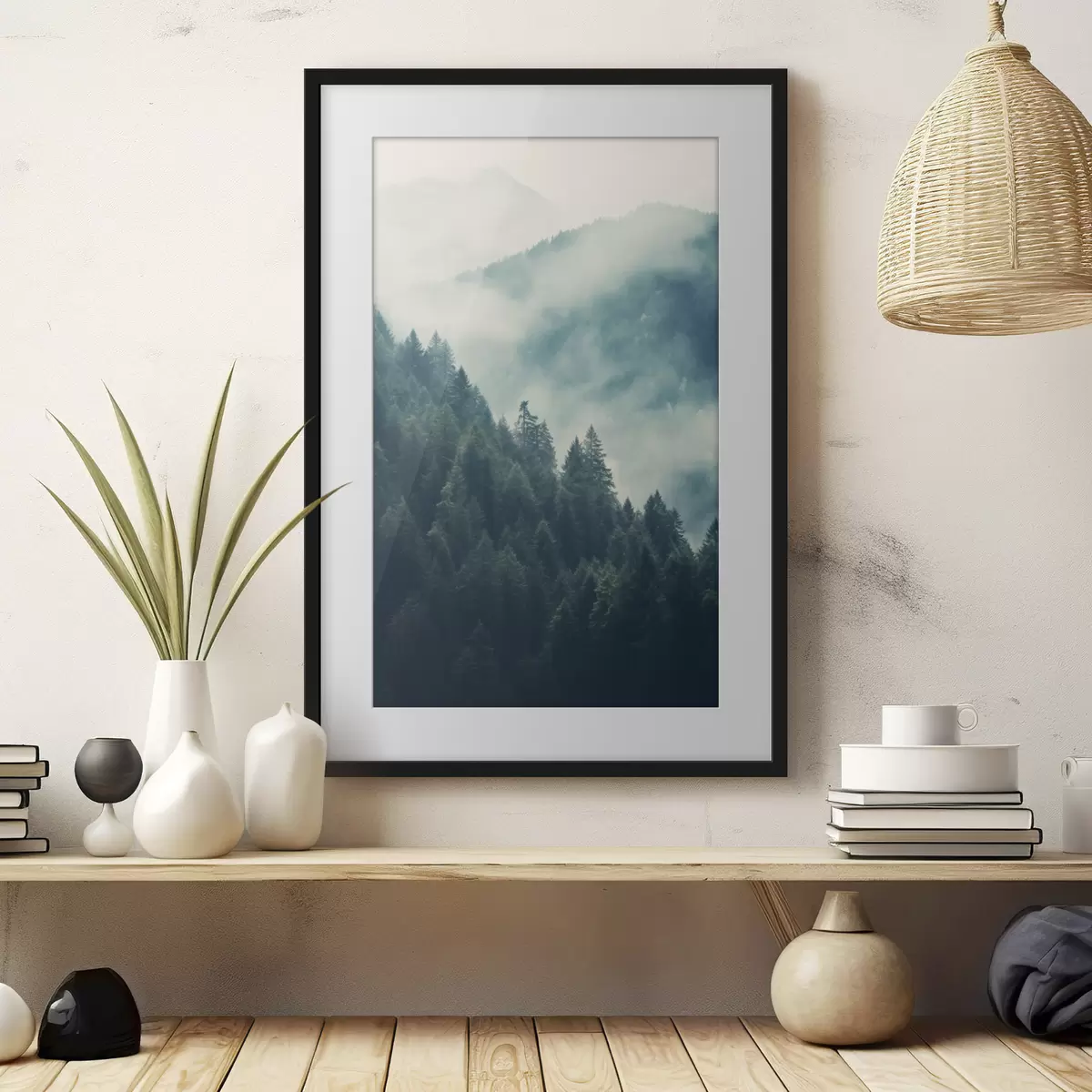 Poster Nebelverhangene Bergkämme und dunkle Nadelwälder f46518