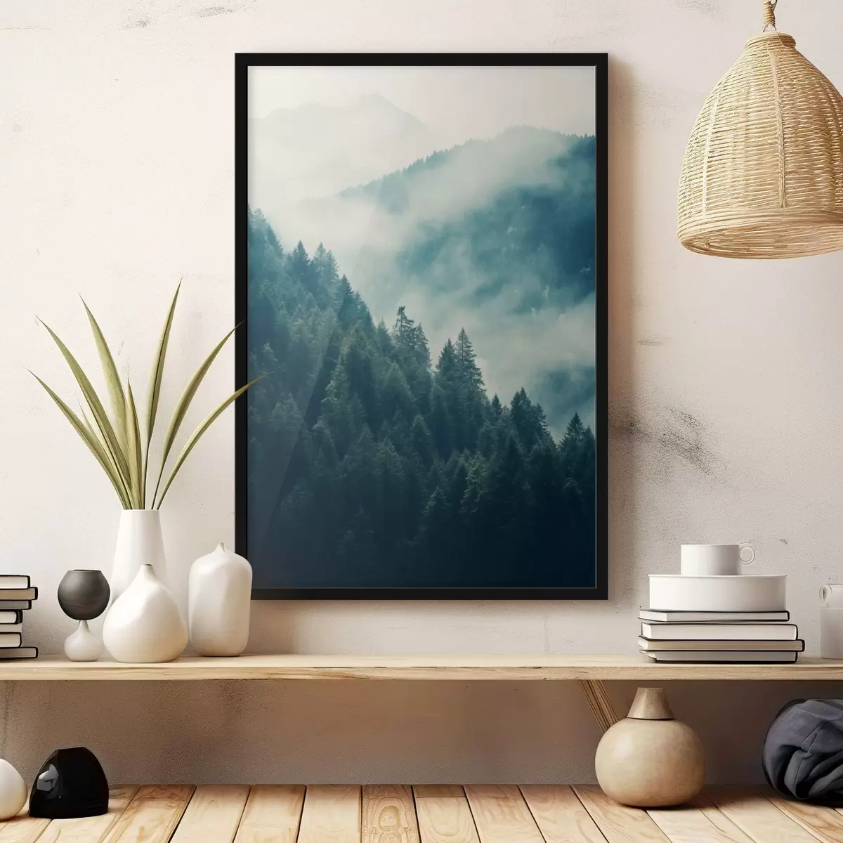 Poster Nebelverhangene Bergkämme und dunkle Nadelwälder f46518