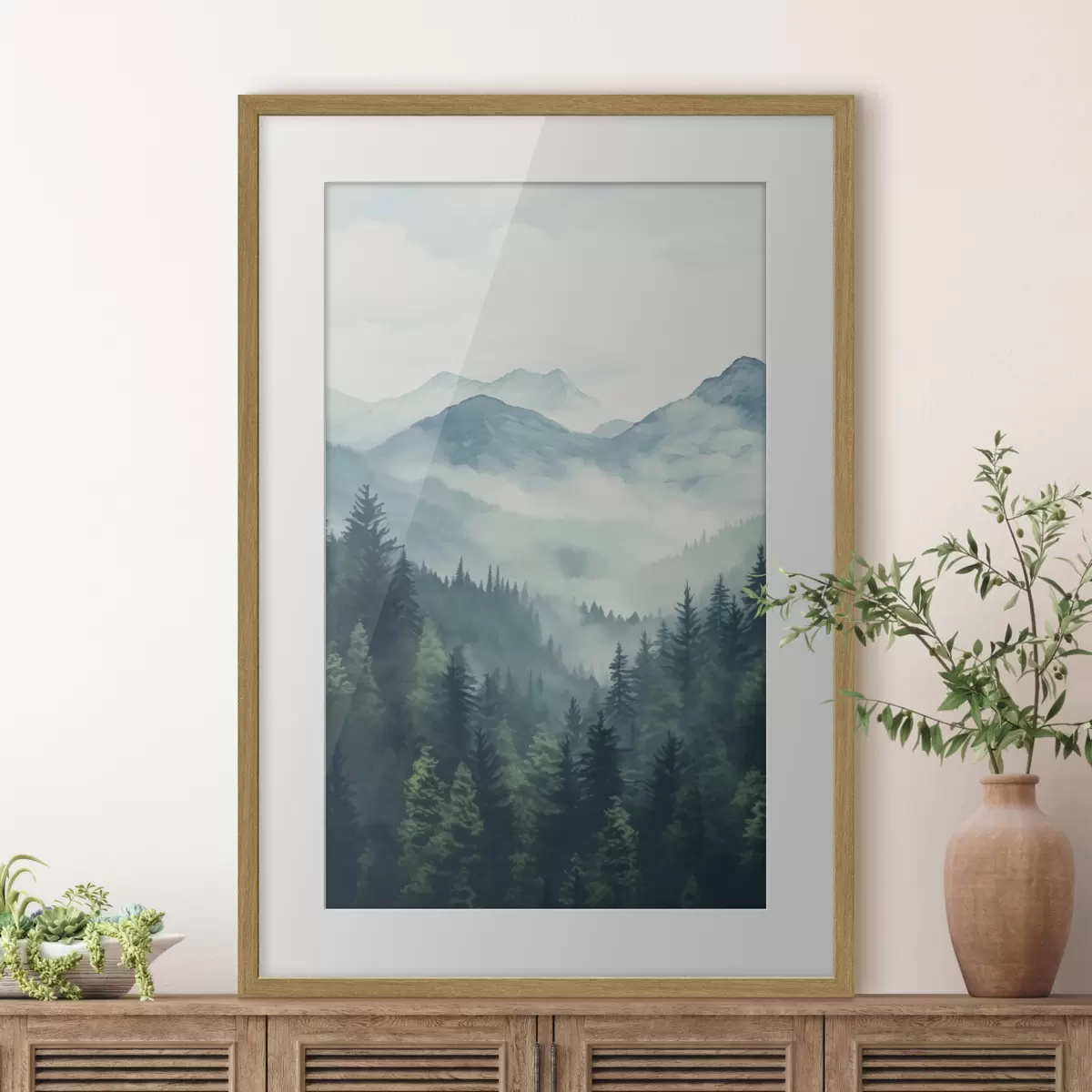 Poster Aquarellberge und Wald im sanften Morgennebel f46519