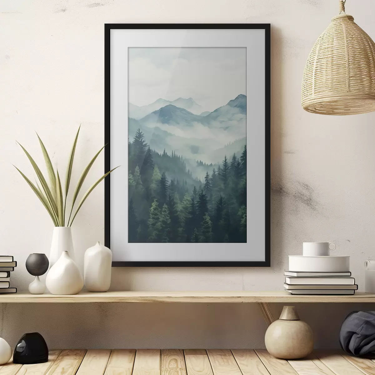 Poster Aquarellberge und Wald im sanften Morgennebel f46519