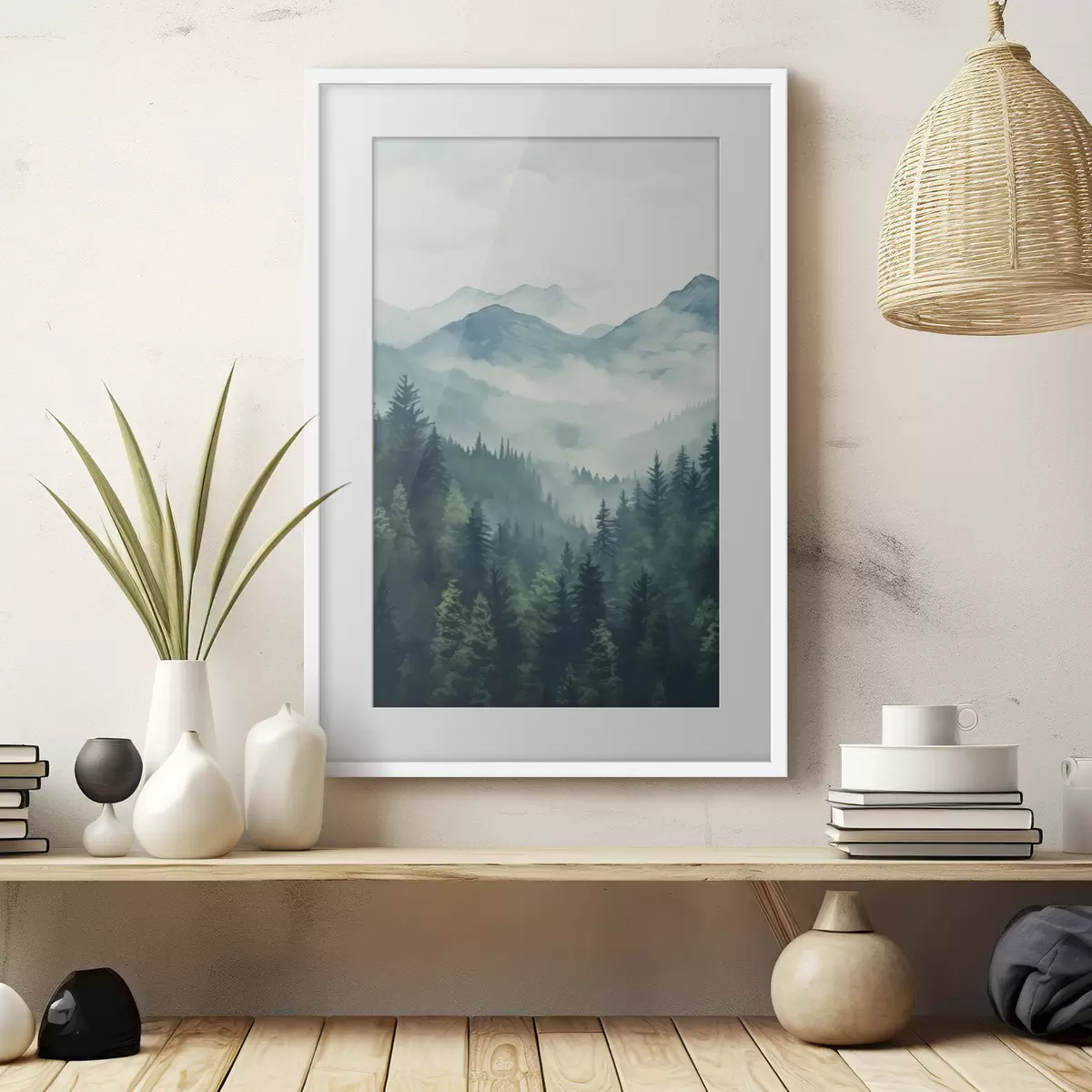 Poster Aquarellberge und Wald im sanften Morgennebel f46519