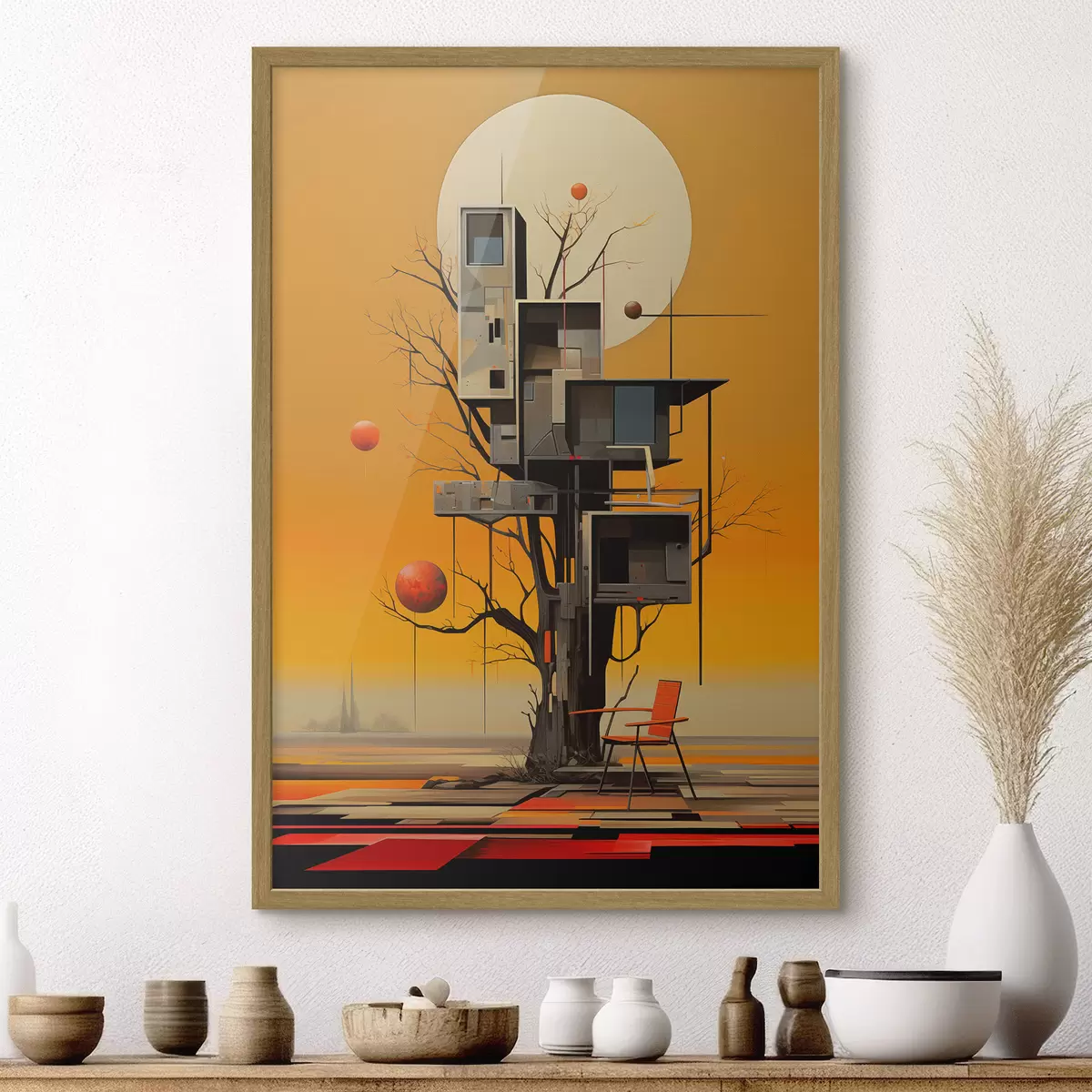 Poster Surreales Baumhaus vor orangefarbenem Hintergrund f46526