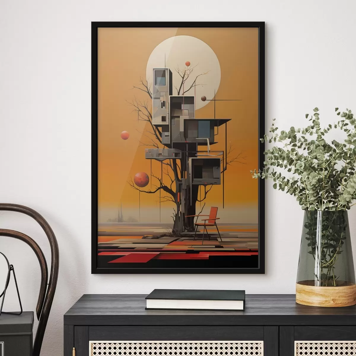 Poster Surreales Baumhaus vor orangefarbenem Hintergrund f46526
