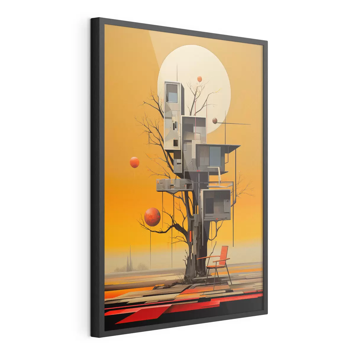 Poster Surreales Baumhaus vor orangefarbenem Hintergrund f46526