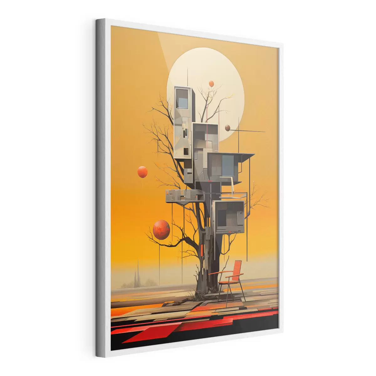 Poster Surreales Baumhaus vor orangefarbenem Hintergrund f46526