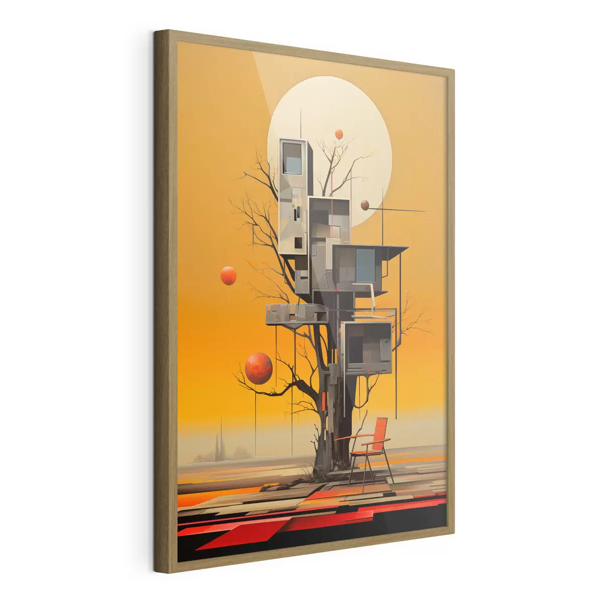 Poster Surreales Baumhaus vor orangefarbenem Hintergrund f46526