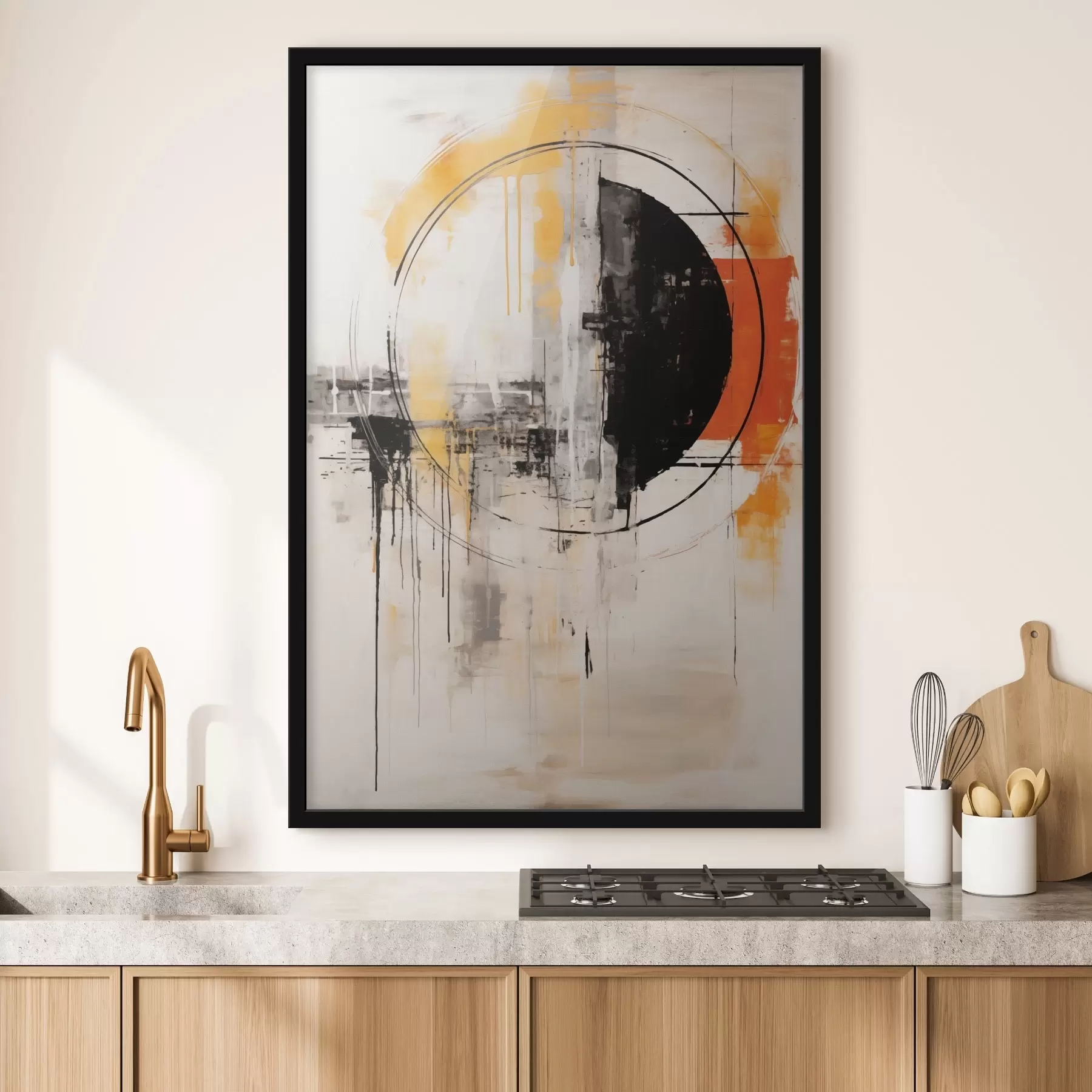 Fototapete Einfarbiger orangefarbener Kreis mit strukturierten Tropfen f46536