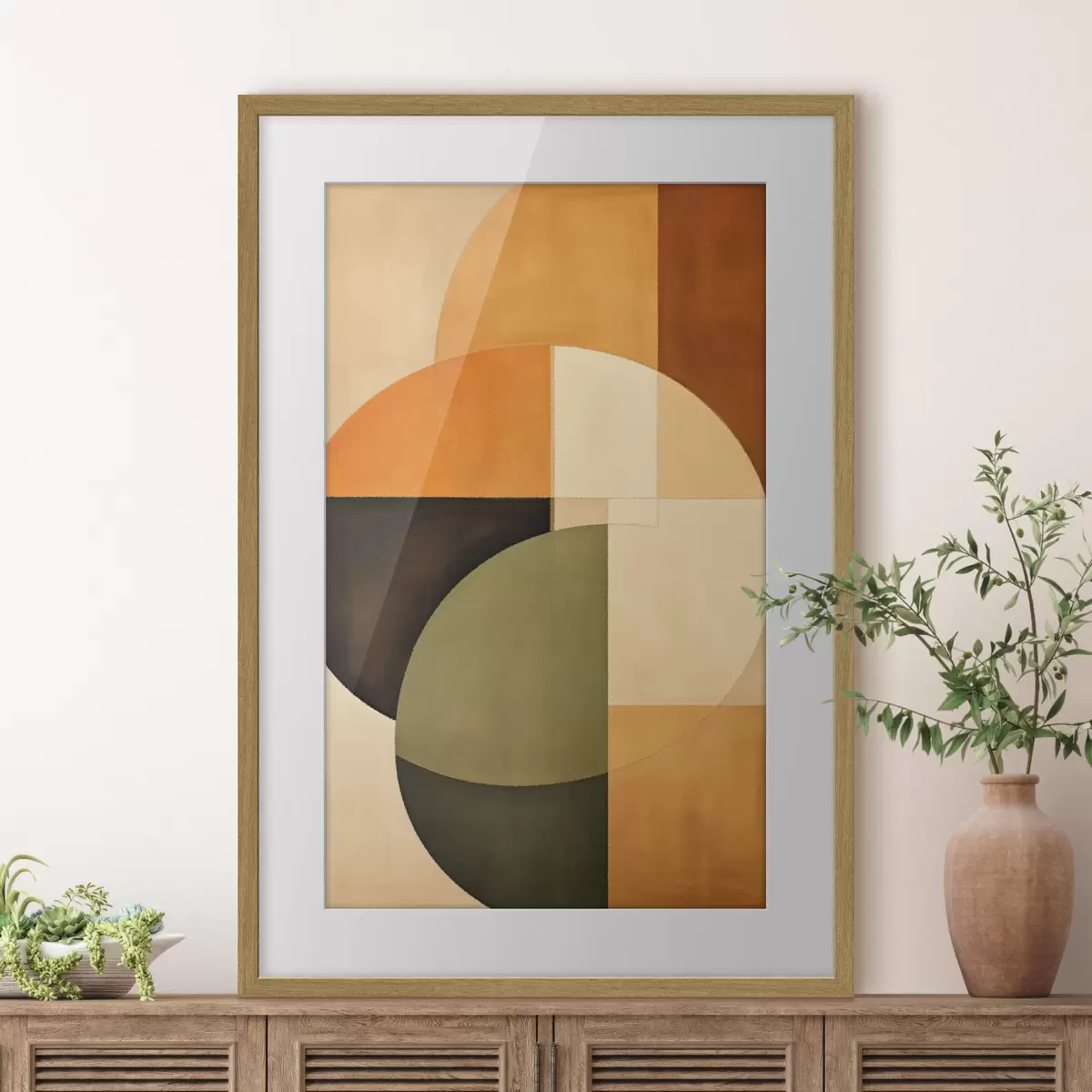 Poster Sich überschneidende Kreise in einer sand-olivfarbenen Palette f46537