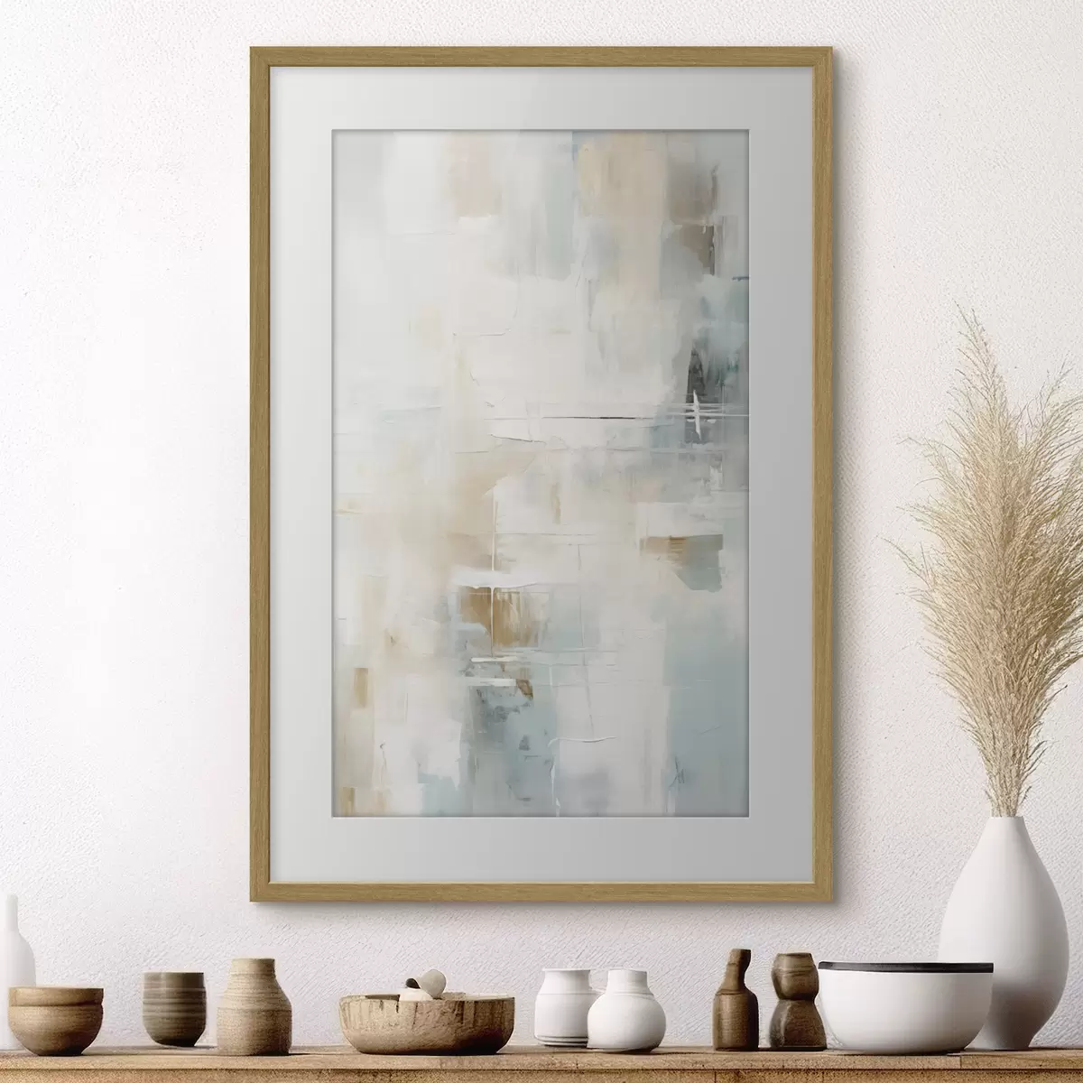 Poster Luftige Pinselstriche in Blau und Beige auf Weiß f46547