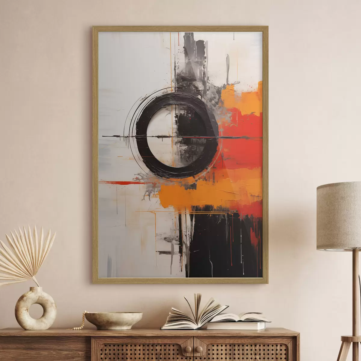 Poster Schwarzer Kreis auf weißem Hintergrund, orangefarbene Striche und Spritzer f46549