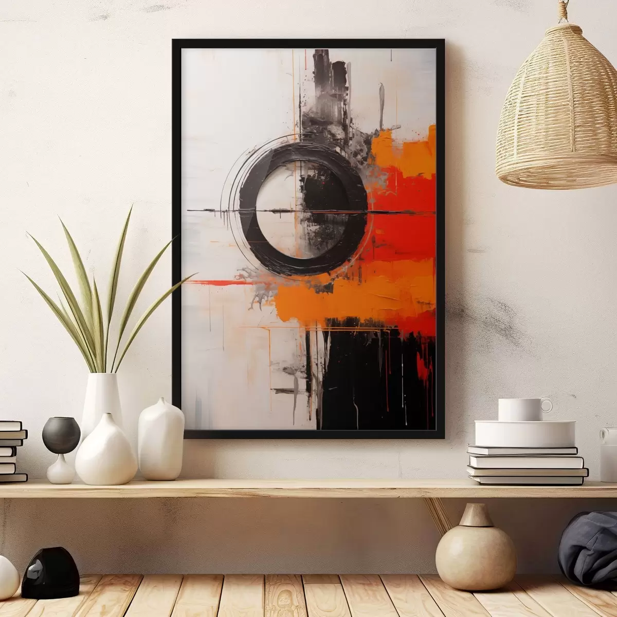 Poster Schwarzer Kreis auf weißem Hintergrund, orangefarbene Striche und Spritzer f46549