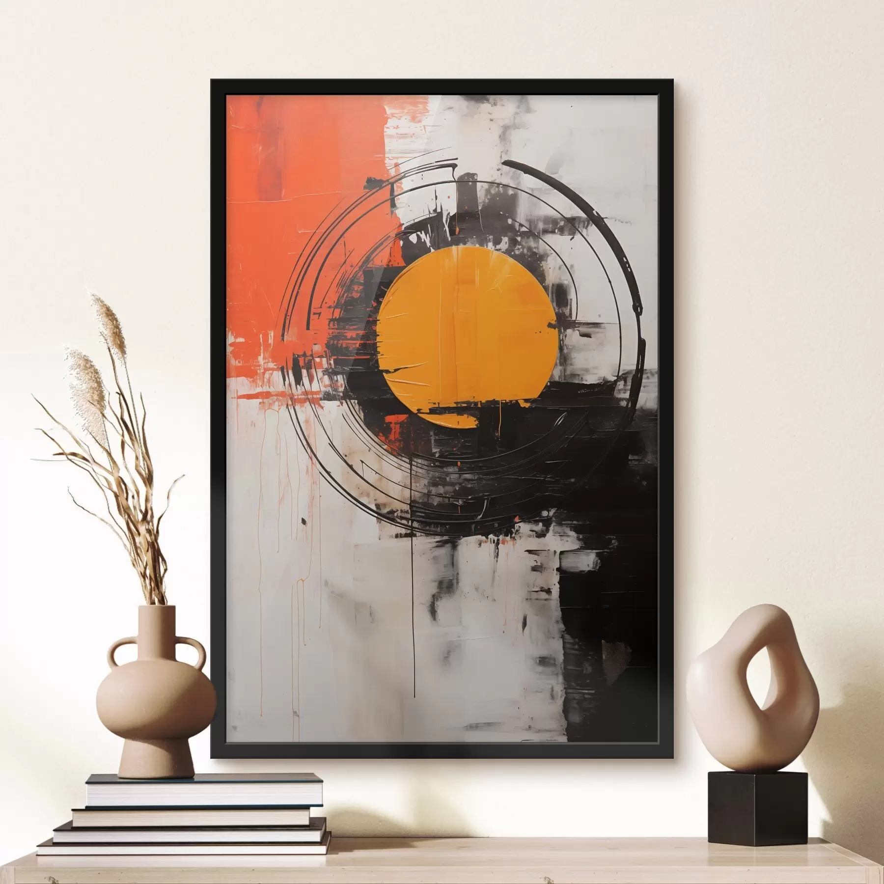 Fototapete Orangefarbene Scheibe innerhalb eines schwarzen Rings, Striche und Spritzer f46550