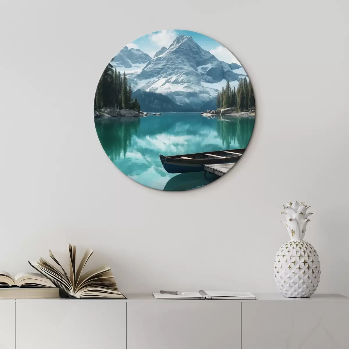 Runde Wandbilder Alpensee mit Kanu und schneebedeckten Gipfeln r46481