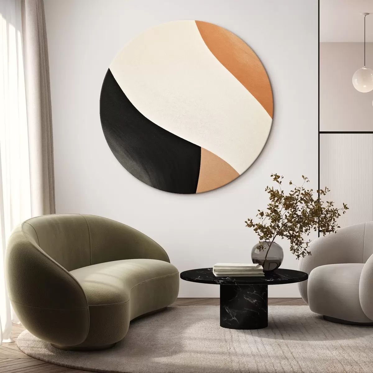 Runde Wandbilder Auffällige S-Kurve in Creme, Schwarz und Terrakotta-Akzenten r46495
