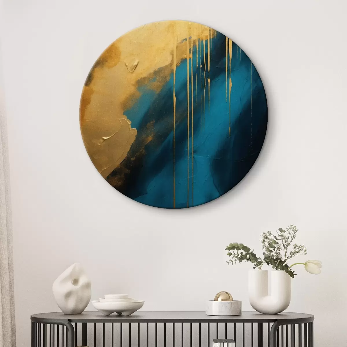 Runde Wandbilder Teal und tiefblaues Abstraktes mit fließenden warmen Akzenten r46509