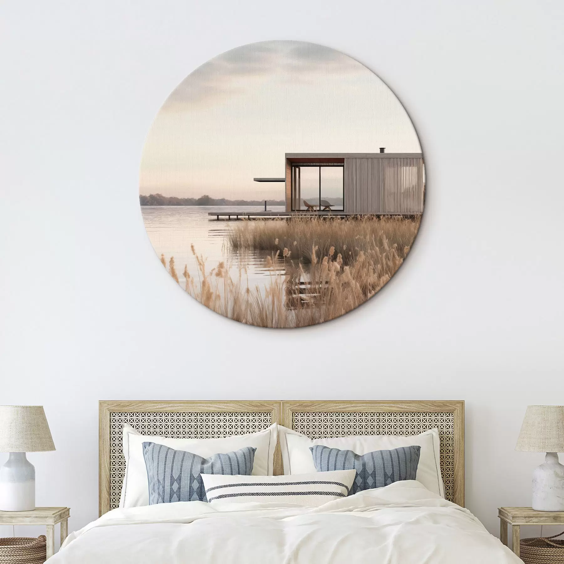 Fototapete Moderne Hütte am Seeufer inmitten von Schilf in der sanften Abenddämmerung r46513