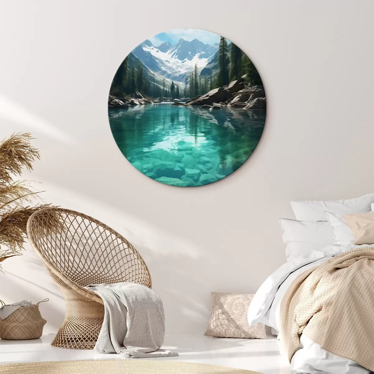 Runde Wandbilder Klarer Gebirgsfluss mit felsigem Bett und schneebedeckten Gipfeln r46514