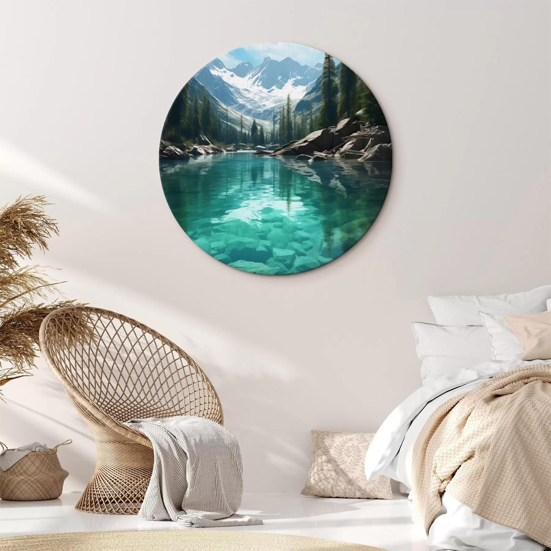 Fototapete Klarer Gebirgsfluss mit felsigem Bett und schneebedeckten Gipfeln r46514