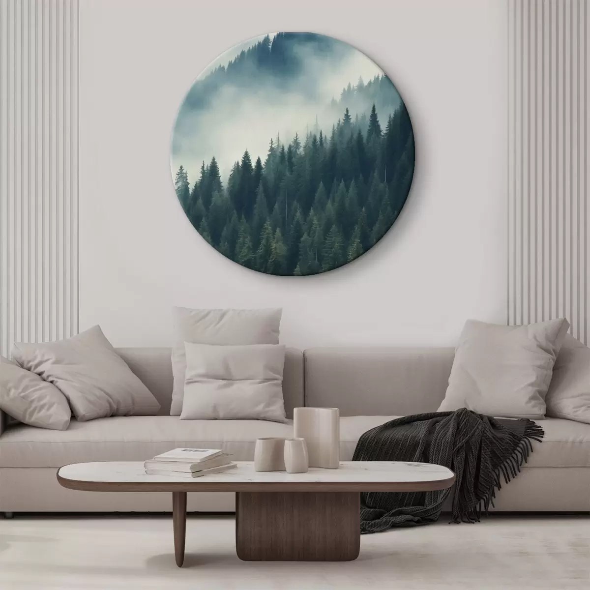 Runde Wandbilder Nebel über Nadelbaumhängen, tiefe Grüntöne r46516