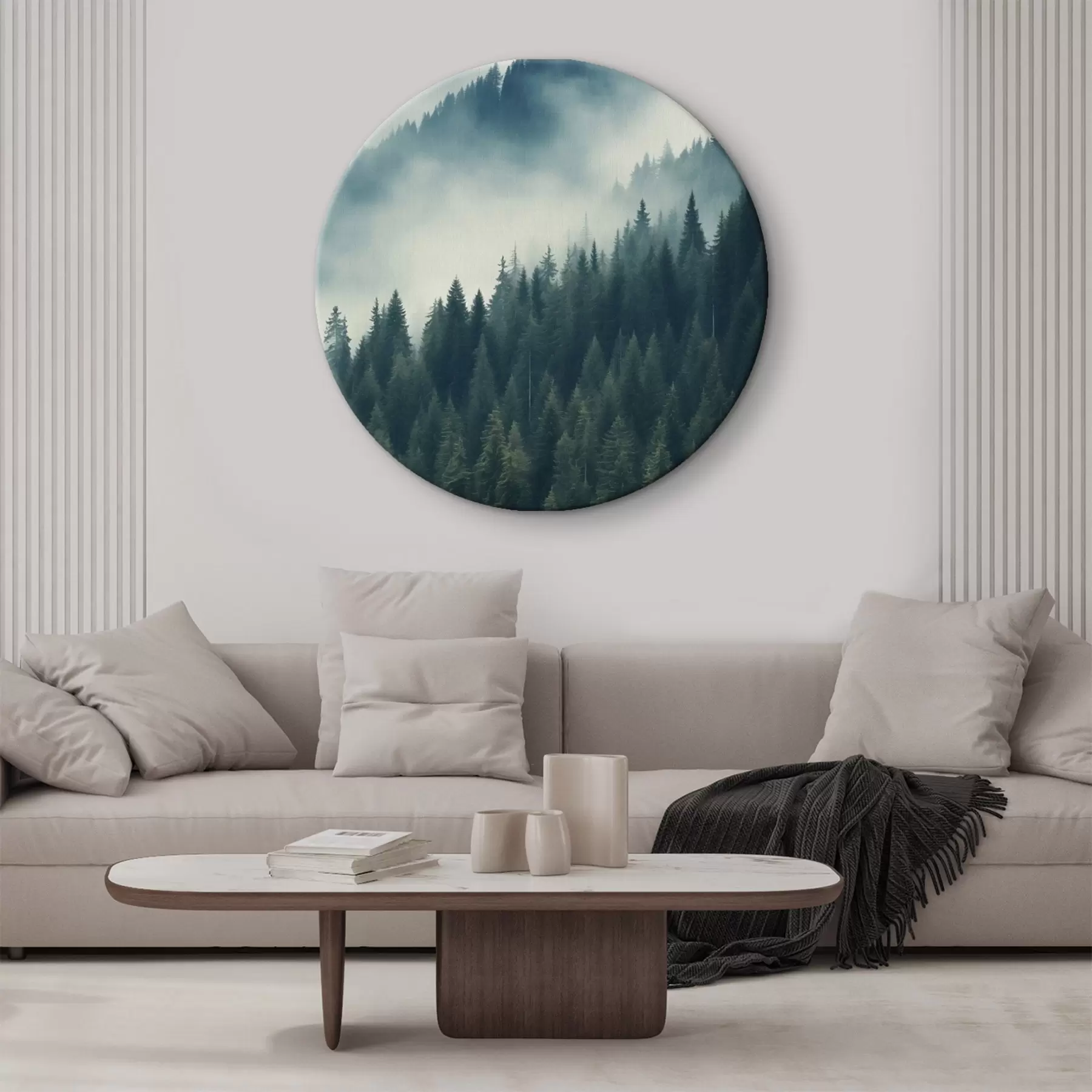 Fototapete Nebel über Nadelbaumhängen, tiefe Grüntöne r46516