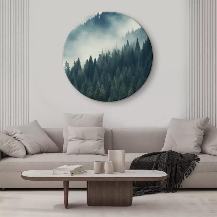 Fototapete Nebel über Nadelbaumhängen, tiefe Grüntöne r46516