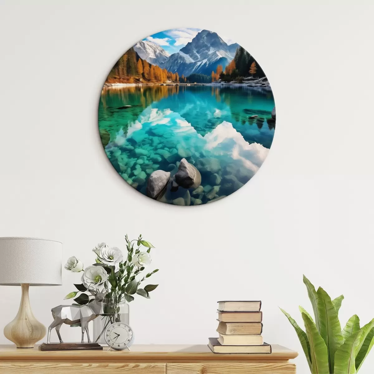 Runde Wandbilder Bergsee mit türkisfarbenem Wasser und herbstlichen Lärchen r46517