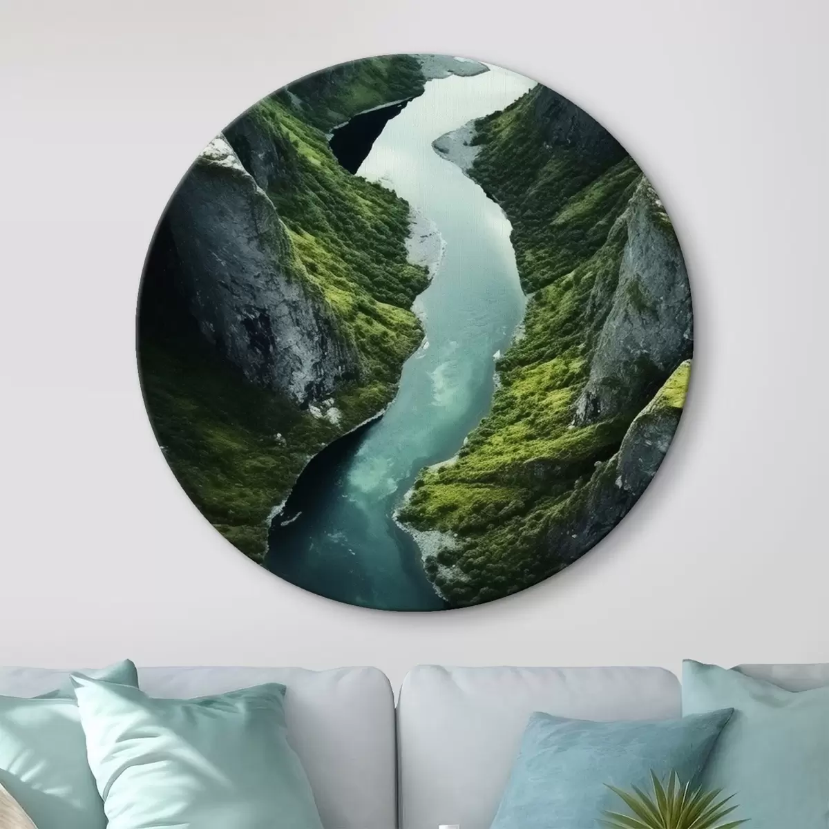 Runde Wandbilder Fluss, der sich zwischen Klippen schlängelt, Luftaufnahme r46521