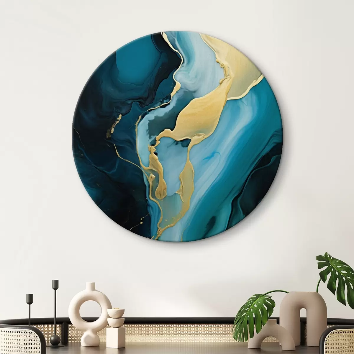 Runde Wandbilder Tealblaues Abstraktes mit einem ockerfarbenen Strom r46530