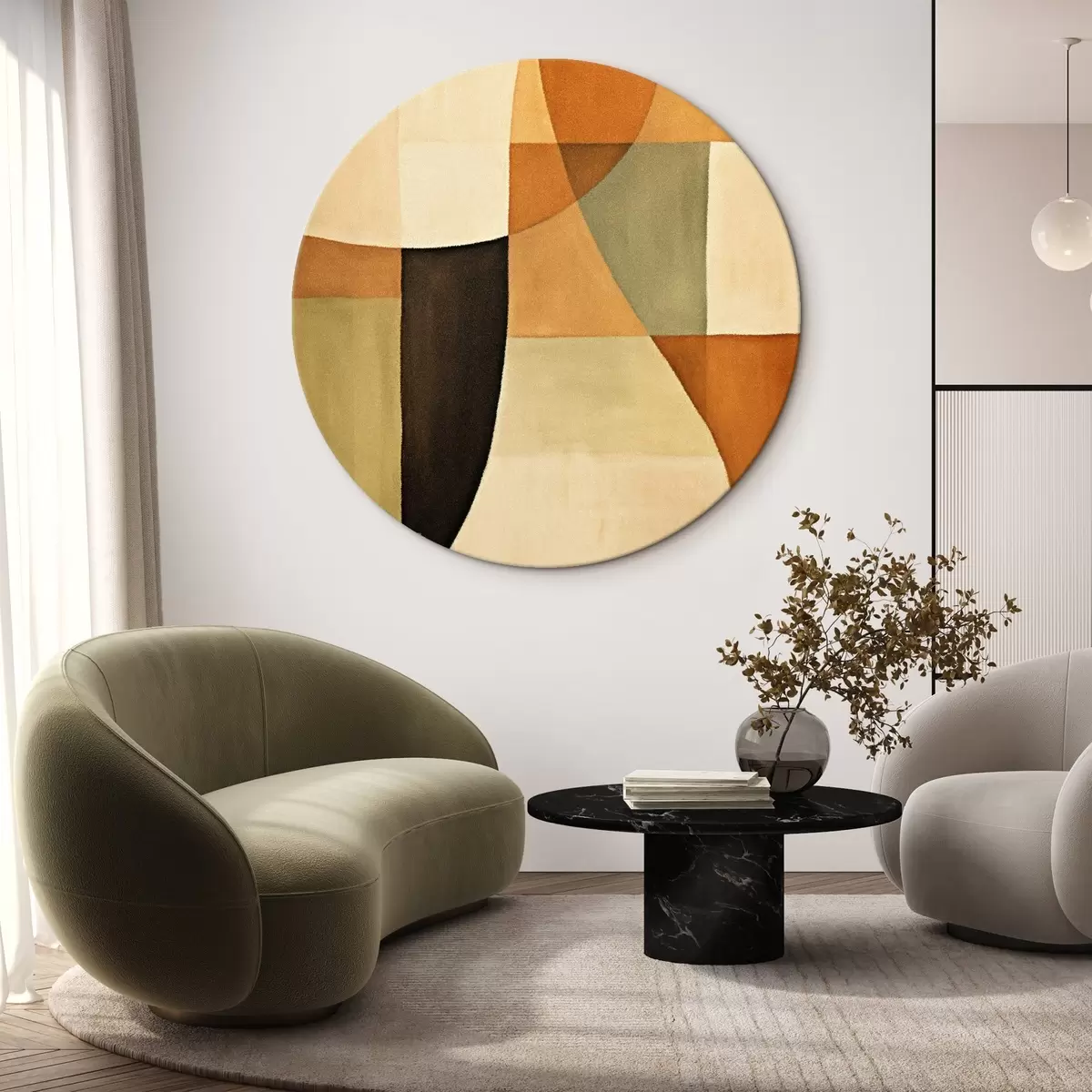 Runde Wandbilder Weiche geometrische Felder in einer warmen, natürlichen Farbpalette r46538