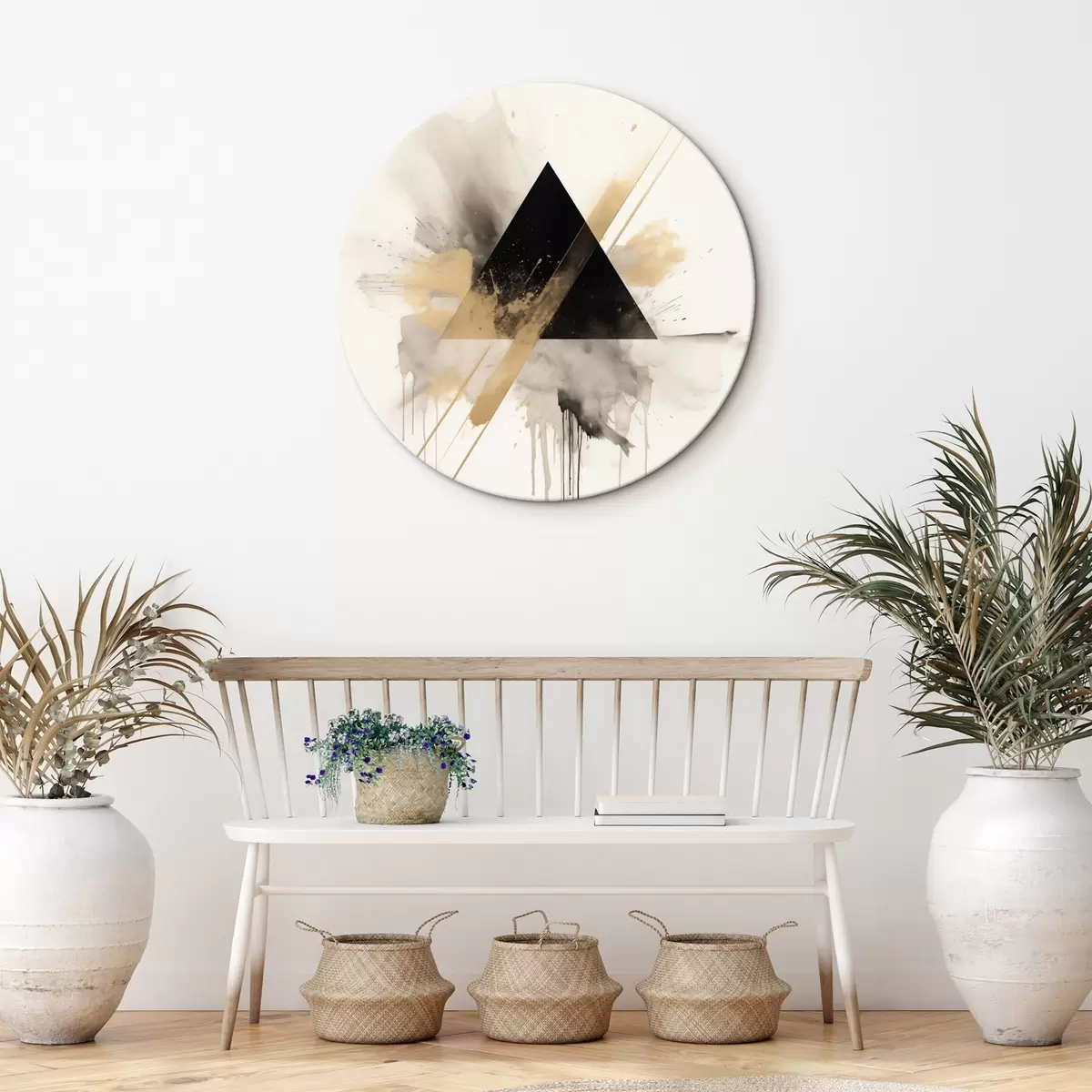 Runde Wandbilder Geometrie: schwarzes Dreieck mit hellen Sprenkeln und Linien r46540