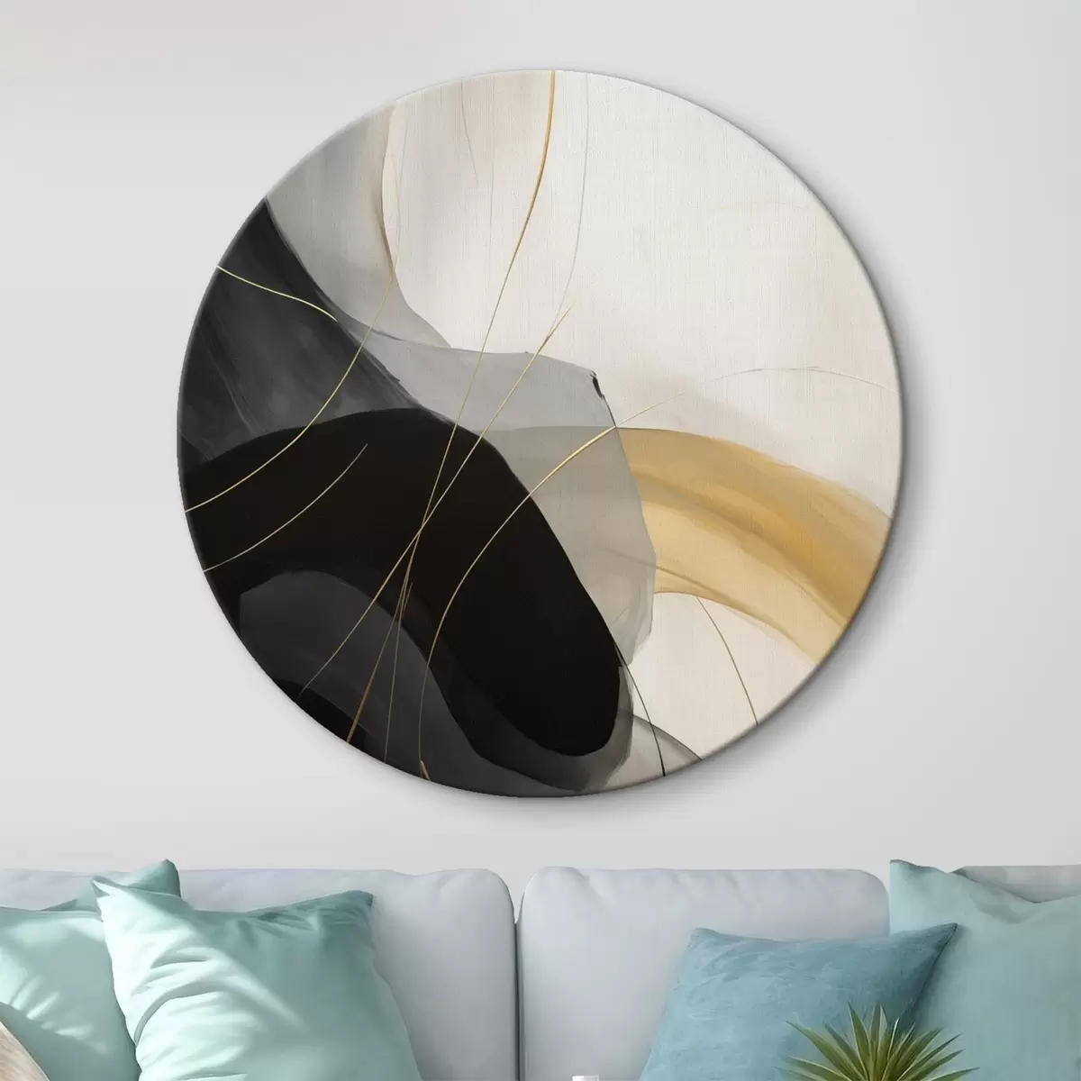 Runde Wandbilder Weiche Kurven in Schwarz und Beige mit einem warmen Akzent r46542