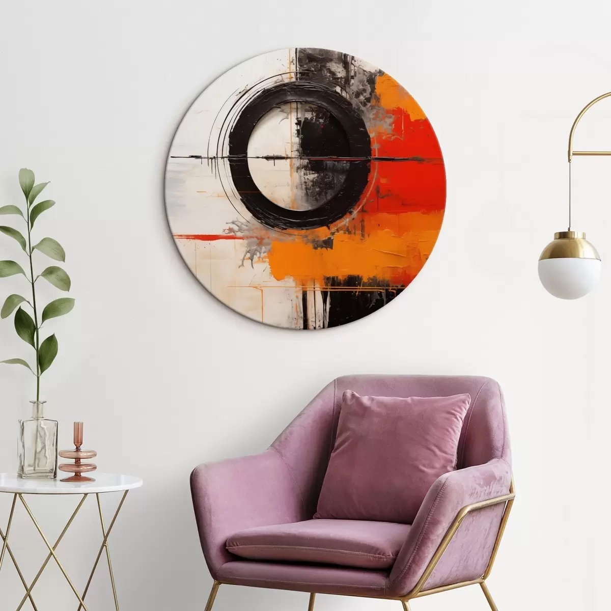 Runde Wandbilder Schwarzer Kreis auf weißem Hintergrund, orangefarbene Striche und Spritzer r46549