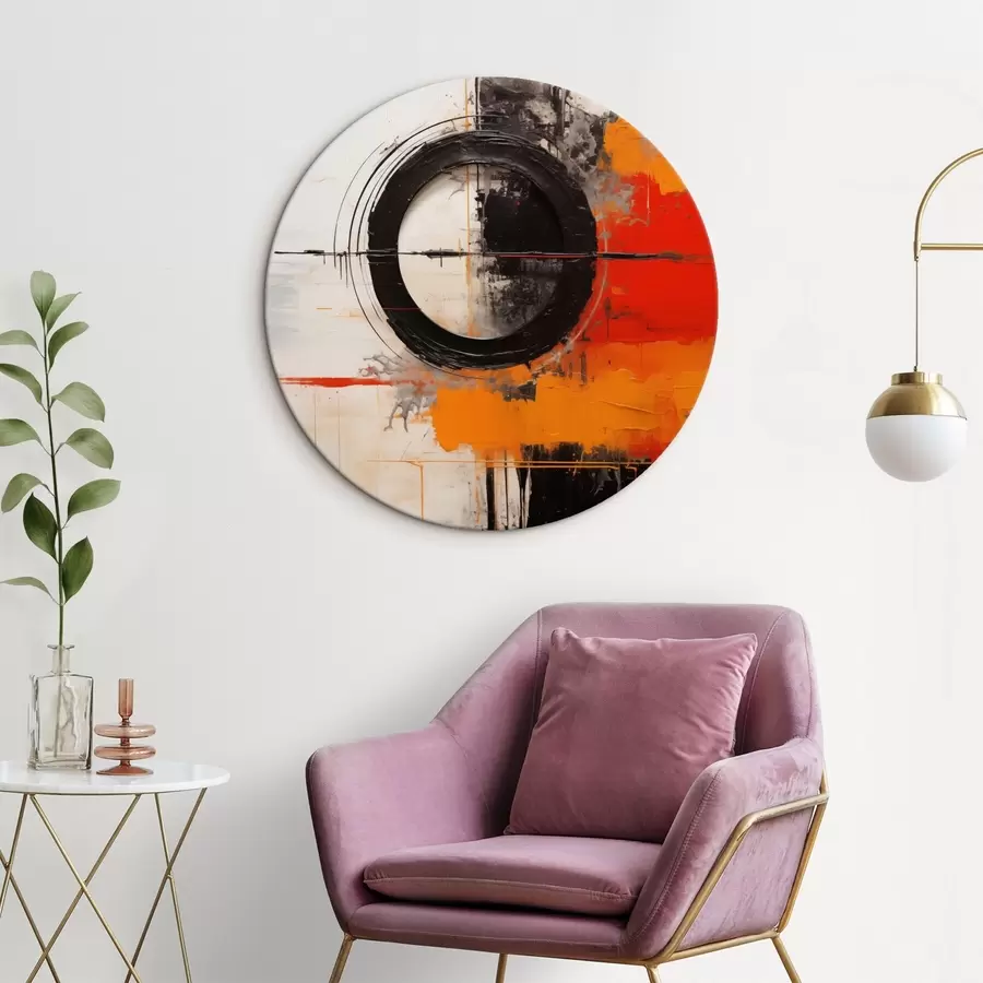 Fototapete Schwarzer Kreis auf weißem Hintergrund, orangefarbene Striche und Spritzer r46549