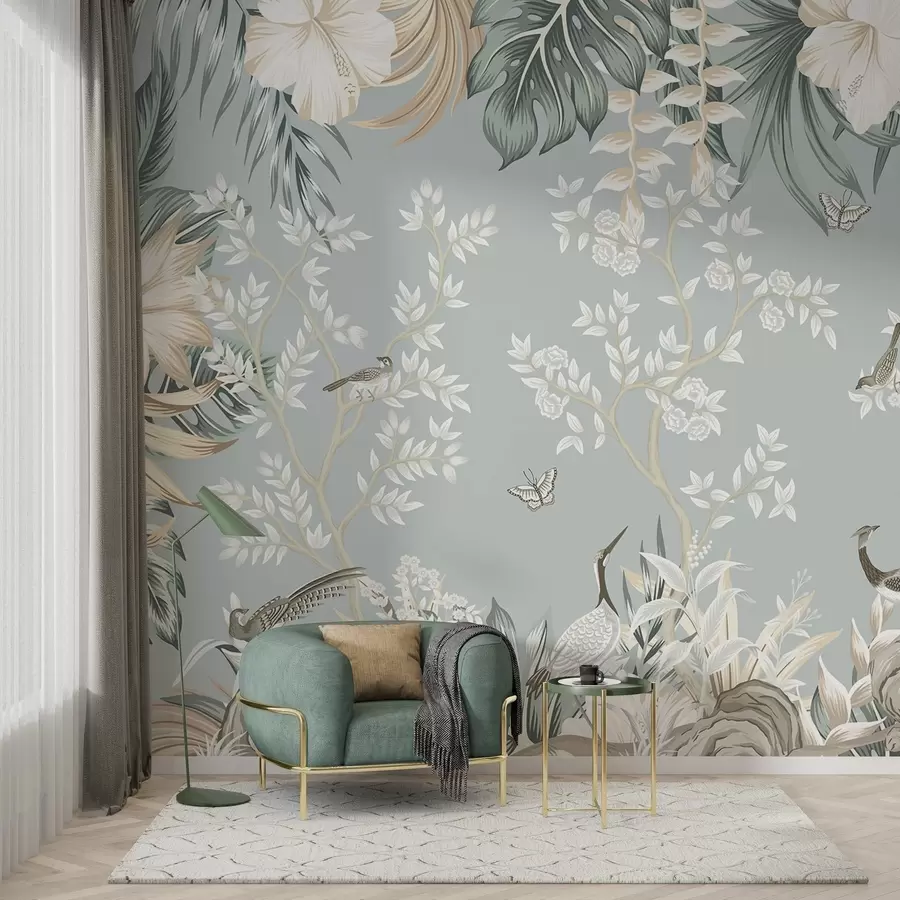 Fototapete Tropische Pastellkunst mit Vögeln, Schmetterlingen, Hibiskusblüten, Palmblättern und Bäumen vor hellblauem Hintergrund w09528