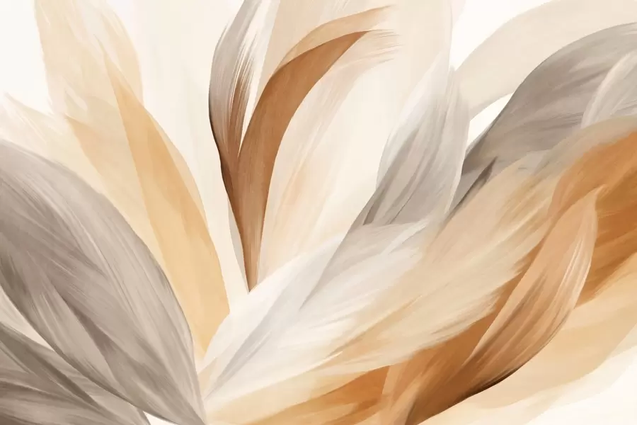 Fototapete Abstrakte strukturierte Federn in Braun, Weiß und Grau sowie verschiedenen Farbtönen, die sich auf einem weißen Hintergrund überlagern w09531