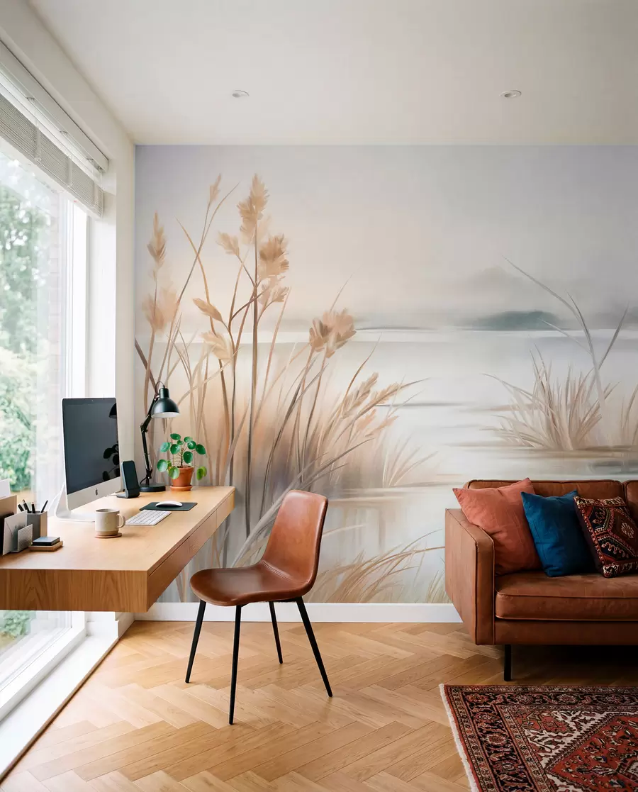 Fototapete Landschaft mit einem See und hohem Gras im Vordergrund, Bergen im Hintergrund, sanften Farben, strukturiert w09534
