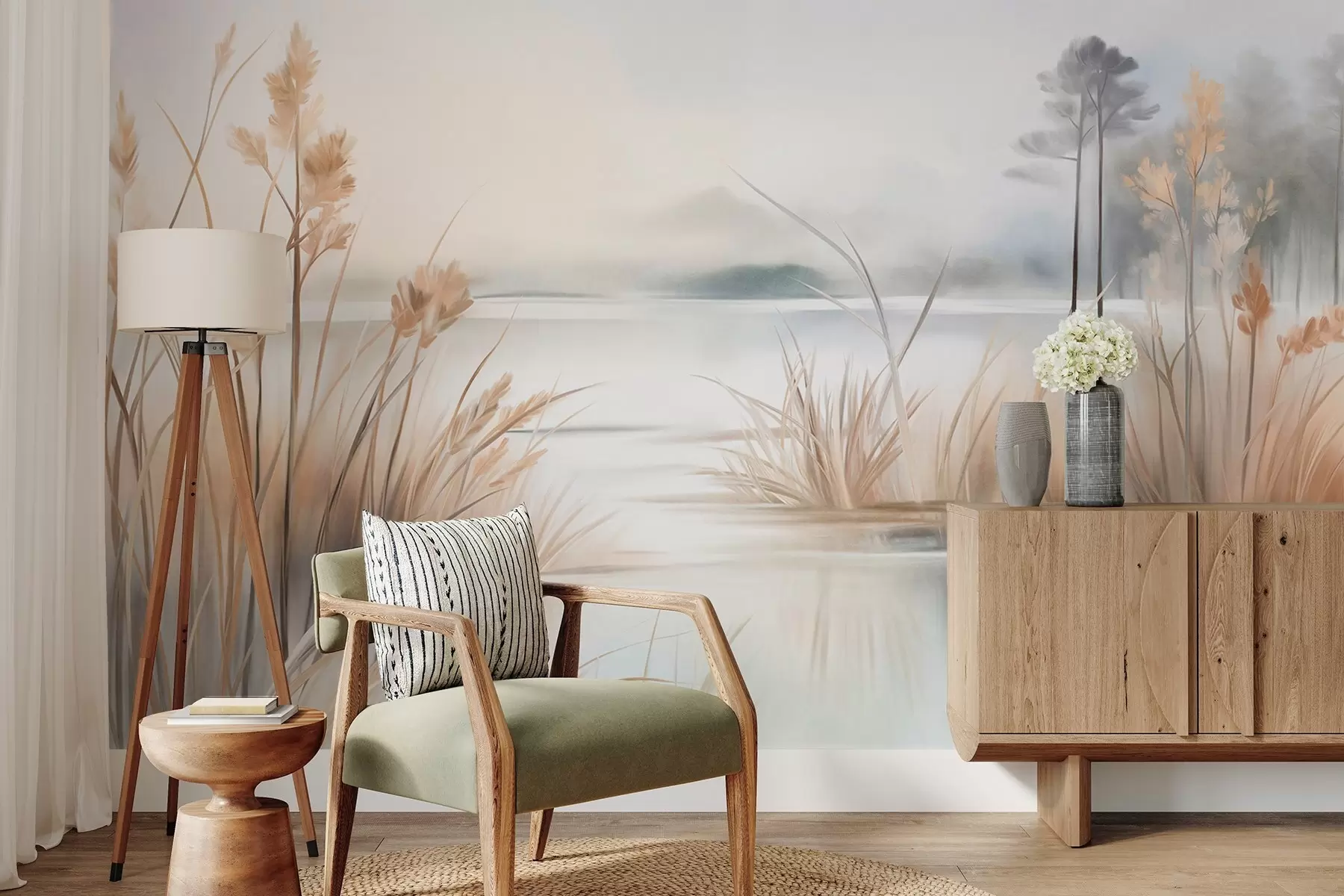 Fototapete Landschaft mit einem See und hohem Gras im Vordergrund, Bergen im Hintergrund, sanften Farben, strukturiert w09534