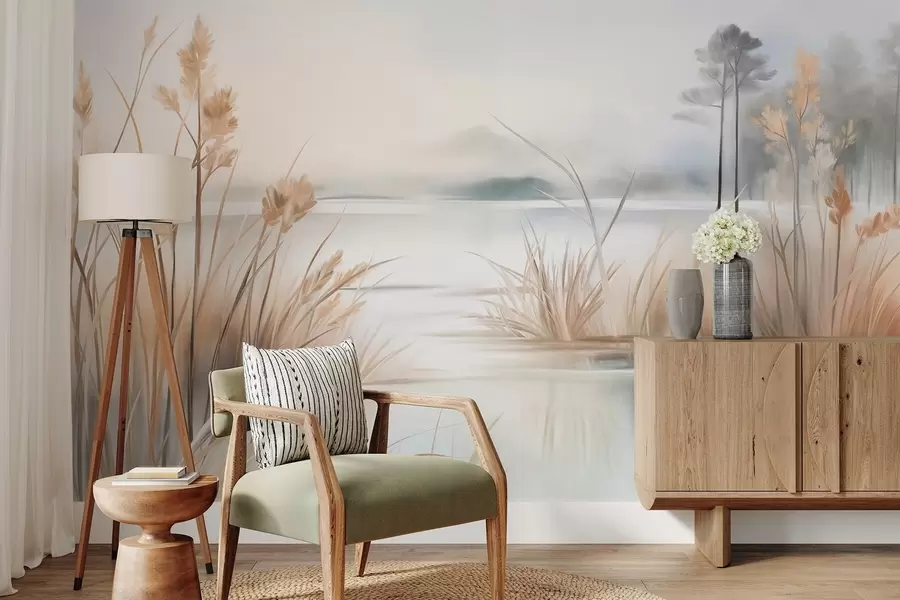 Fototapete Landschaft mit einem See und hohem Gras im Vordergrund, Bergen im Hintergrund, sanften Farben, strukturiert w09534