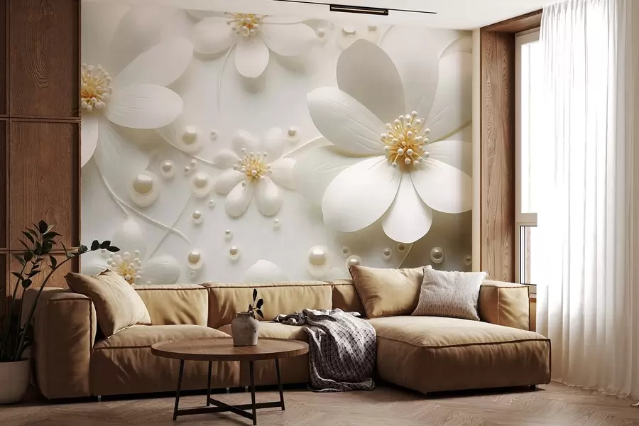 Fototapete Weiße Blumen mit Perlen auf weißem Hintergrund, elegantes und minimalistisches Design, strukturiert w09535