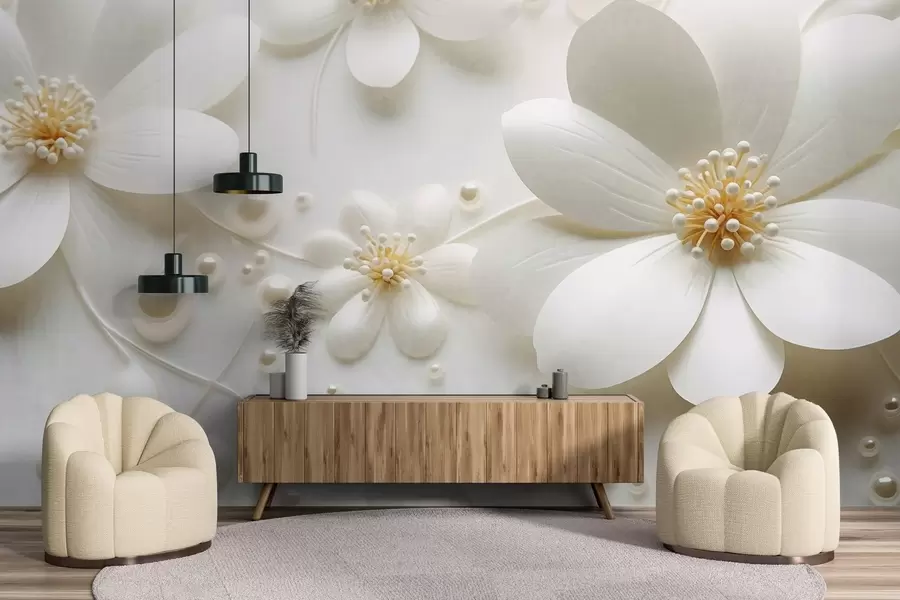 Fototapete Weiße Blumen mit Perlen auf weißem Hintergrund, elegantes und minimalistisches Design, strukturiert w09535