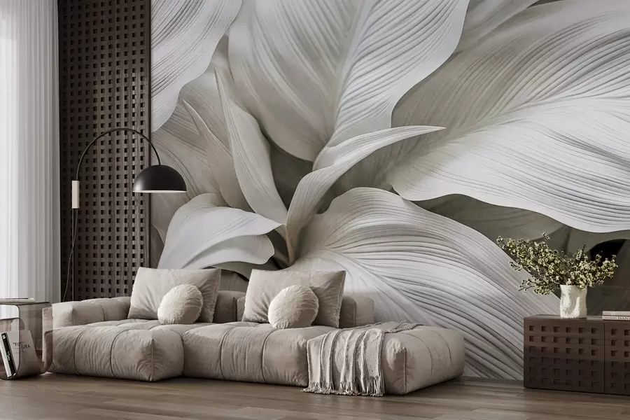 Fototapete Große, strukturierte weiße Blätter mit markanten Adern, die sich überlappen und Tiefe schaffen w09536